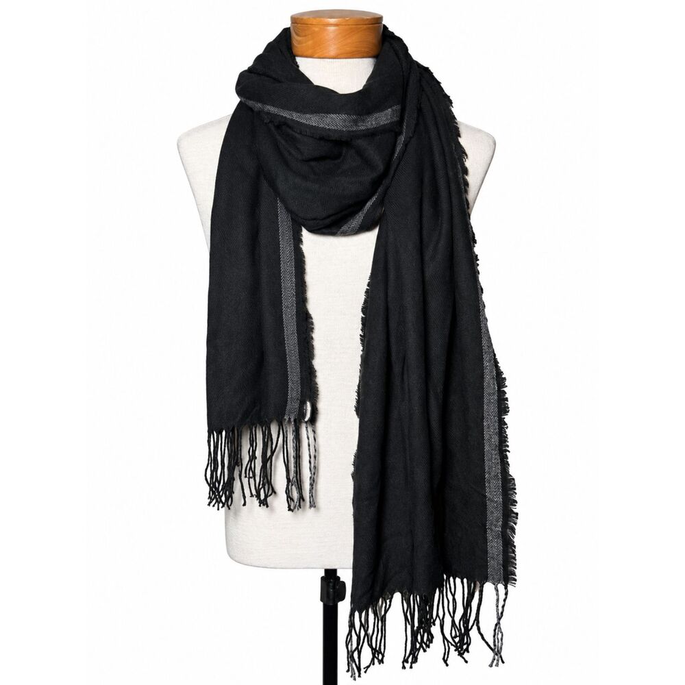 Banana Republic Men's Black Scarf Gray Herringbone Border Stripe Tassel Fringe